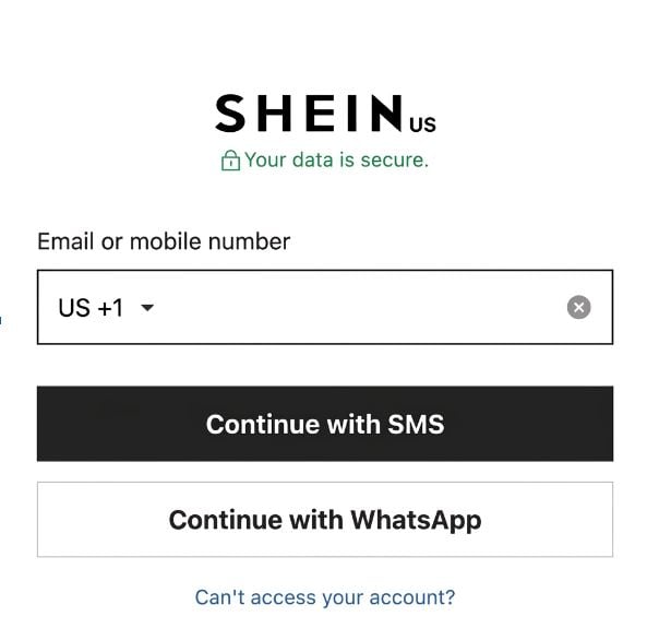 Digite o número virtual em Shein.